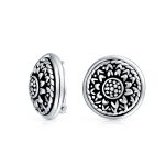 Bali Sunflower Medallion Clip-On Earrings Oxidized Silver