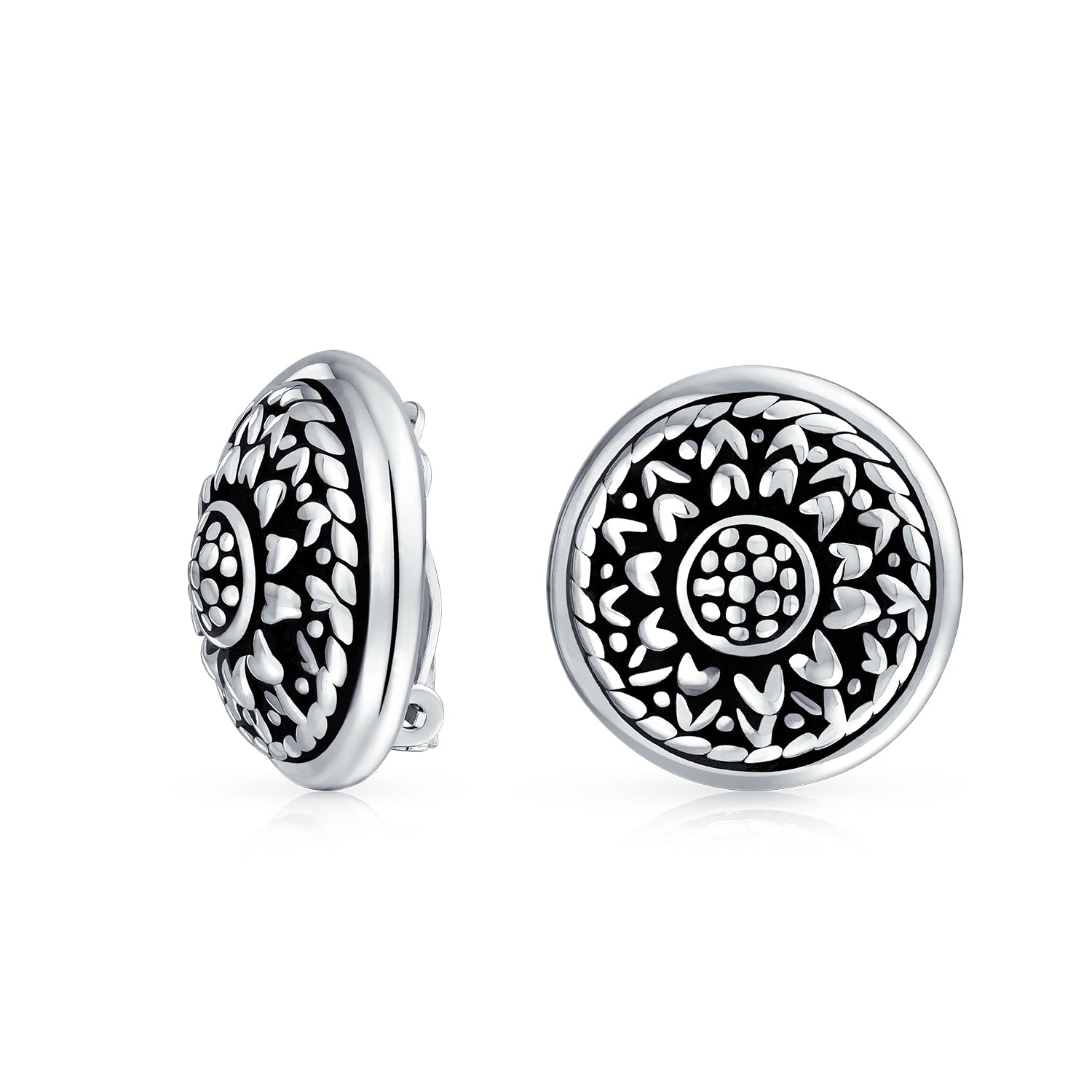 round-clip-on-earrings-silver_eus-27925e_1 Bali Sunflower Medallion Clip-On Earrings Oxidized Silver - Image 1