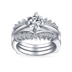 Solitaire Round Cubic Zirconia Engagement Ring Band Set CZ Guard Enhancers.925 Sterling Silver