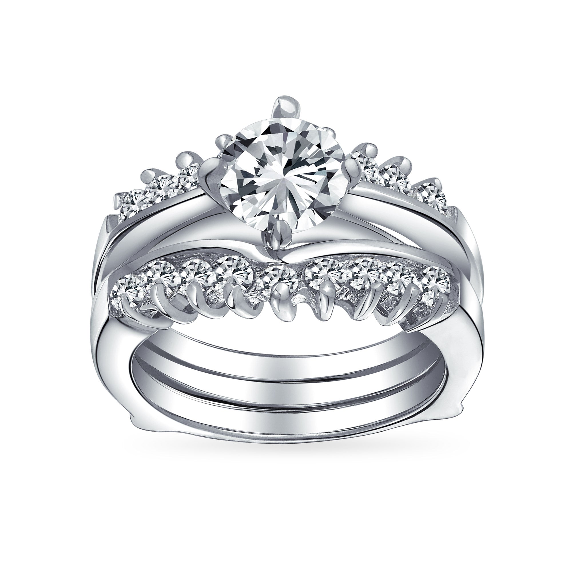 round-cz-silver-wedding-ring_newitem60467250-az_11 Solitaire Round Cubic Zirconia Engagement Ring Band Set CZ Guard Enhancers.925 Sterling Silver - Image 1