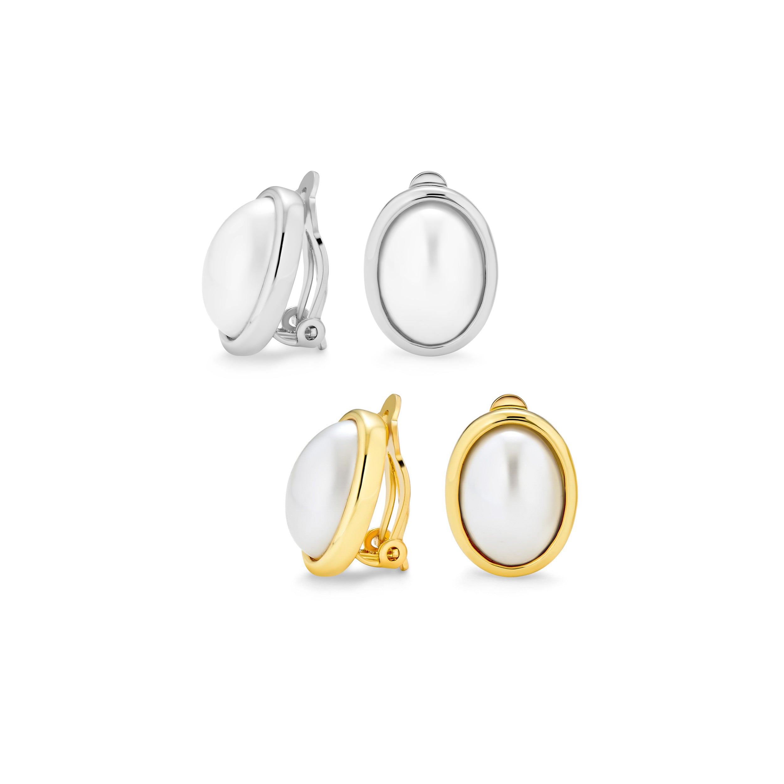 round-disc-silver-pearl-clip-earrings-ag-se8483-set-az-1 Set of 2 Simple White Pearl Cabochon Oval Clip-On Earrings - Image 1
