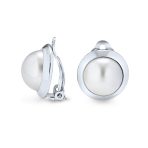 Simple White Pearl Oval Button Clip On Earrings Silver Plated Non-Pierced Ears
