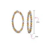Tri Color Bead Hoop Huggie Earrings 18K Gold Plated 2.2 Inch Latch Back Closure - Image 4