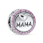 Round Pink Crystal Bead Charm MAMA Heart for Wife Sterling Silver Fits Bracelet
