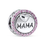 Round Pink Crystal Bead Charm MAMA Heart for Wife Sterling Silver Fits Bracelet