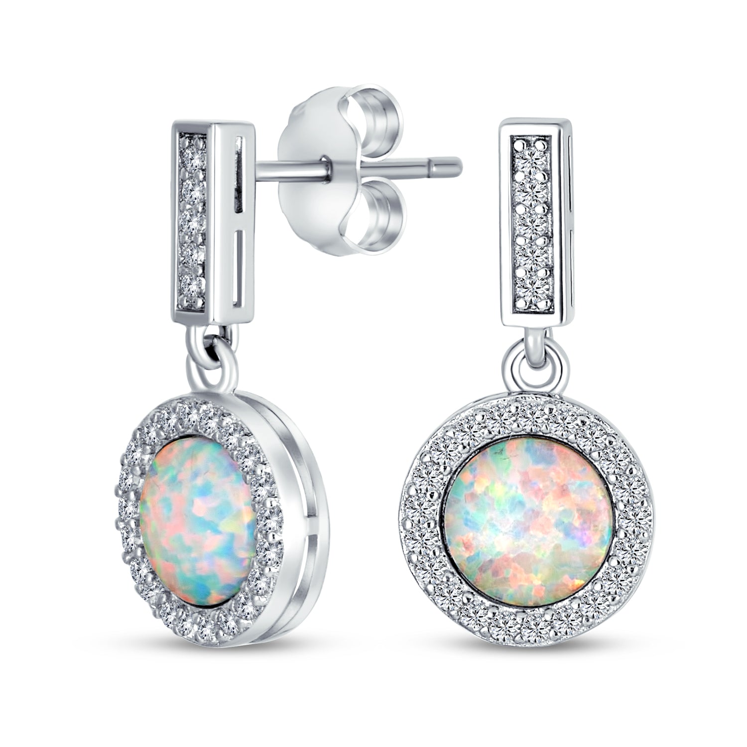 round-opal-earrings-cz-silver_jf-a64232-e-az Vintage Style Dangle Gemstone Earrings with CZ Halo & Opal Sterling Silver - Image 1