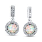 Vintage Style Dangle Gemstone Earrings with CZ Halo & Opal Sterling Silver - Image 2
