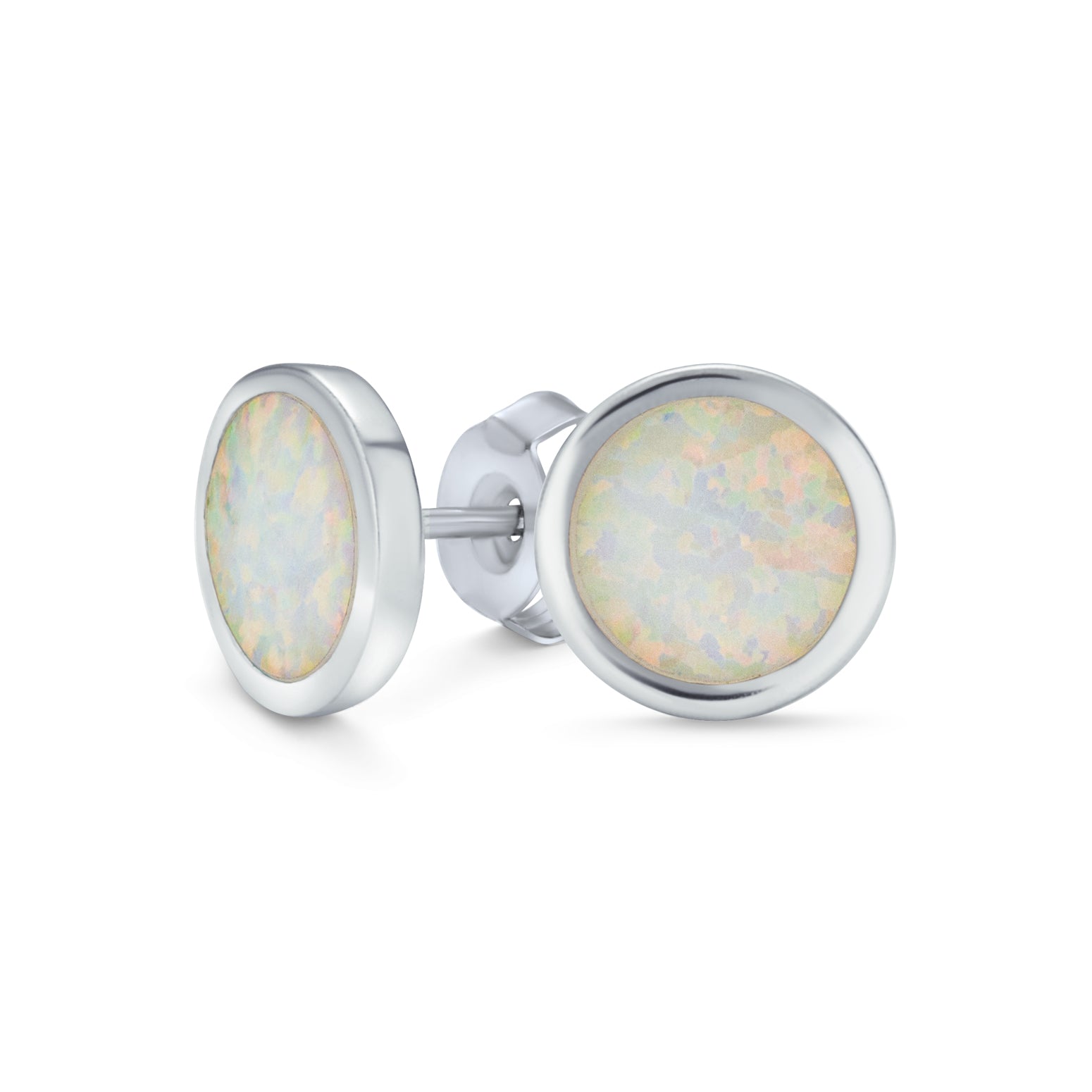 round-opal-earrings-silver-mystic_gf-spe046_1 Classic Iridescent White Opal Stud Earrings in Sterling Silver, 9MM Birthstone - Image 1