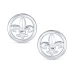 Ancient Symbol Lily Flower Disc Fleur De Lis Stud Earrings - Image 2