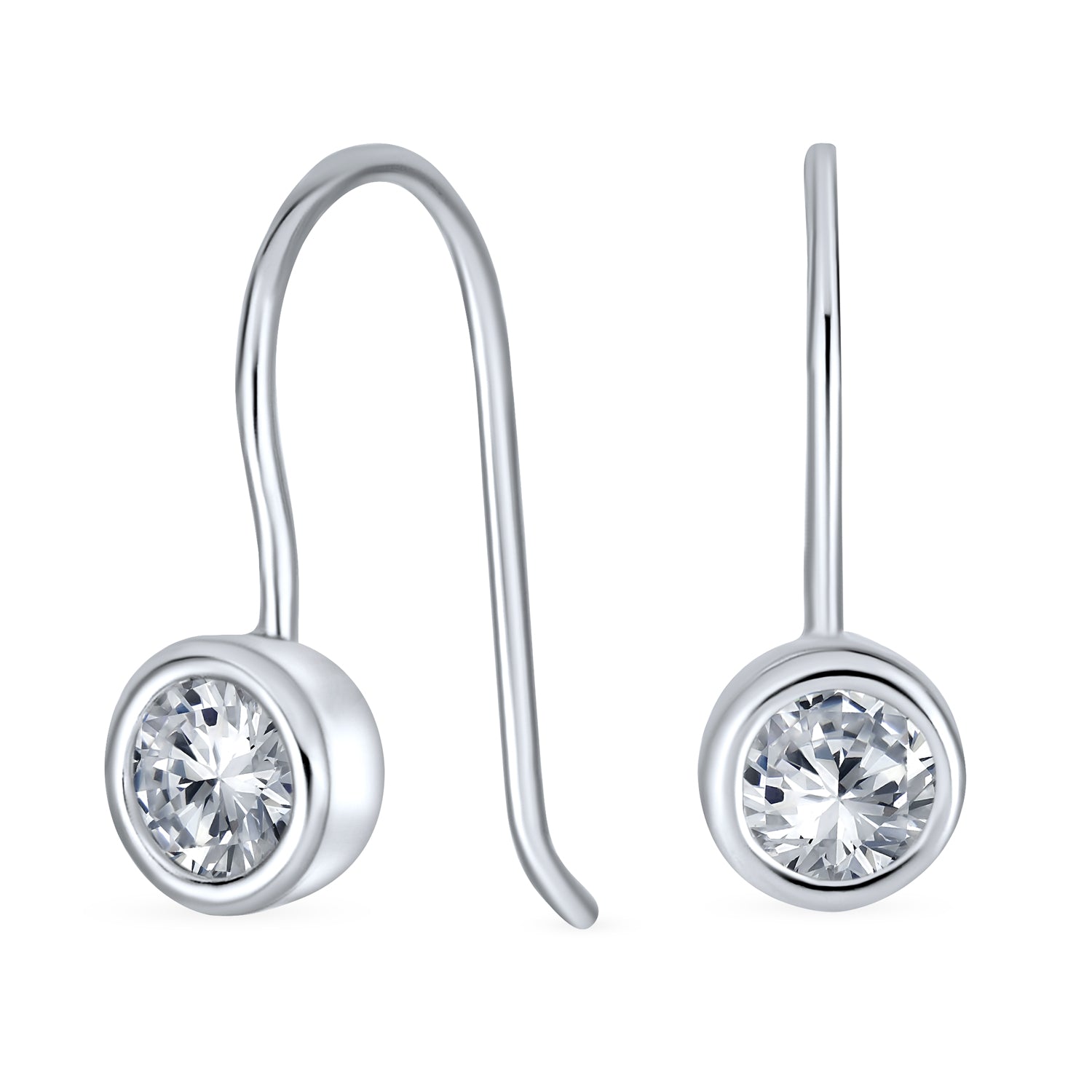 round-silver-cz-bezel-drop-earrings_pfs-52-1459-az_1 Classic Small Solitaire Bezel Set CZ Drop Earrings .925 Sterling Silver Fishhook - Image 1
