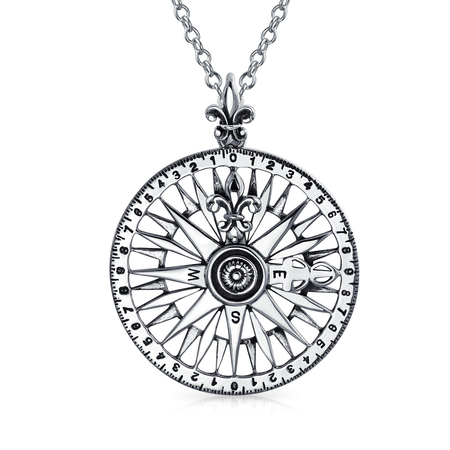 round-sterling-rose-compass-pendant_ps-tp1118r-az_1 Unisex Celtic Fleur De Lis Compass Pendant Necklace in Oxidized Sterling Silver - Image 1