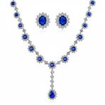 Estate Style Royal Blue Oval Crown CZ Bridal Necklace & Stud Earrings Set