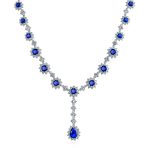 Y Collar Necklace Vintage Oval Crown Halo Royal Blue CZ Silver Plated