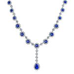 Y Collar Necklace Vintage Oval Crown Halo Royal Blue CZ Silver Plated