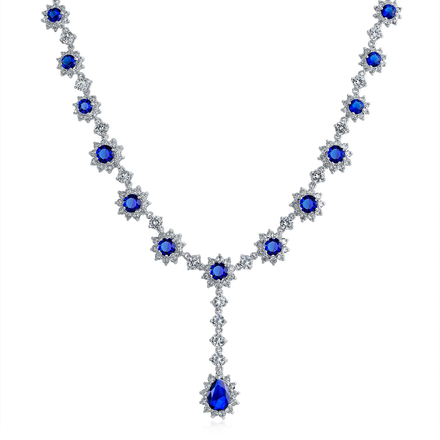 royal-blue-bridal-crown-necklace_ag-nz-5063-sa Y Collar Necklace Vintage Oval Crown Halo Royal Blue CZ Silver Plated - Image 1