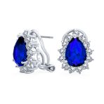 2.5CT Blue CZ Halo Pear Teardrop Stud Earrings Omega Back