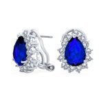 2.5CT Blue CZ Halo Pear Teardrop Stud Earrings Omega Back