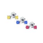Set of 3 Tiny Blue Red Pink CZ Stud Earrings Gold Plated Sterling Silver - Image 4