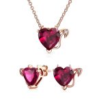 Whimsical Cubic Zirconia Ruby Red CZ Devil Heart Stud Earring Pendant Jewelry Set Sterling Silver