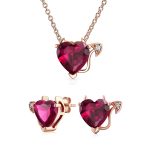 Whimsical Cubic Zirconia Ruby Red CZ Devil Heart Stud Earring Pendant Jewelry Set Sterling Silver