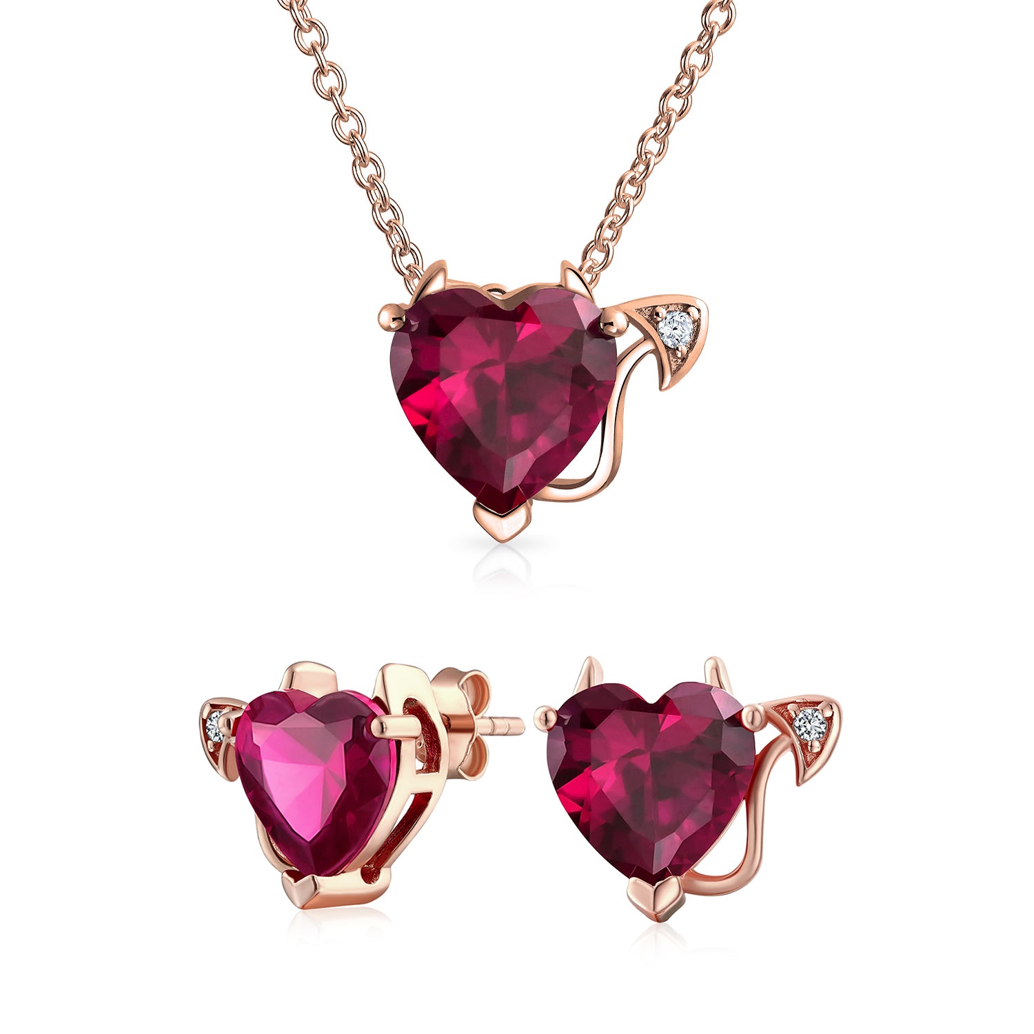 ruby-rosegold-cz-devil-heart-set_shn-n0018rg-set_1 Whimsical Cubic Zirconia Ruby Red CZ Devil Heart Stud Earring Pendant Jewelry Set Sterling Silver - Image 1