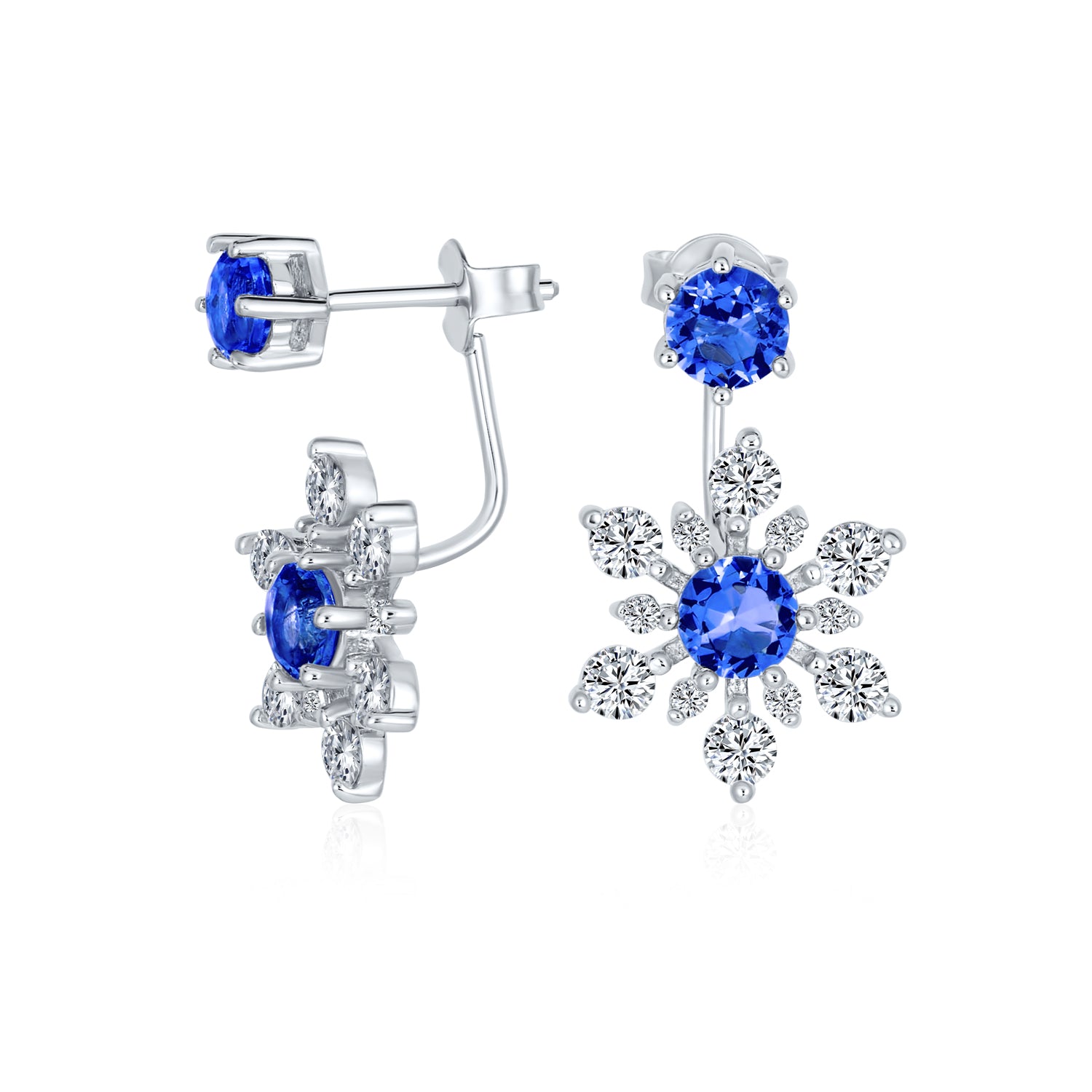 sapphire-blue-silver-snowflake-cz-earrings-hsh-hse09596_1 Holiday Party Earring Jacket Blue Sapphire Snowflake Studs in Sterling Silver - Image 1