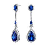 Art Deco Style Dangle Halo Blue Sapphire CZ Cubic Zirconia Teardrop Statement Chandelier Earrings - Image 4