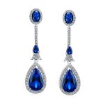 Art Deco Style Dangle Halo Blue Sapphire CZ Cubic Zirconia Teardrop Statement Chandelier Earrings - Image 10