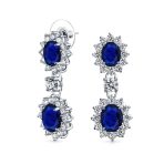 Bridal Halo Blue Sapphire CZ Statement Necklace Chandelier Earrings Jewelry Set - Image 2