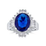 Art Deco Style Halo 6CT Solitaire Sapphire Blue Oval CZ Baguette Statement Ring