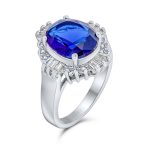 Art Deco Style Halo 6CT Solitaire Sapphire Blue Oval CZ Baguette Statement Ring - Image 2