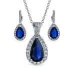 Solitaire Teardrop Halo Blue Green Red Cubic Zirconia CZ Pendant Necklace Earrings Jewelry Set - Image 2
