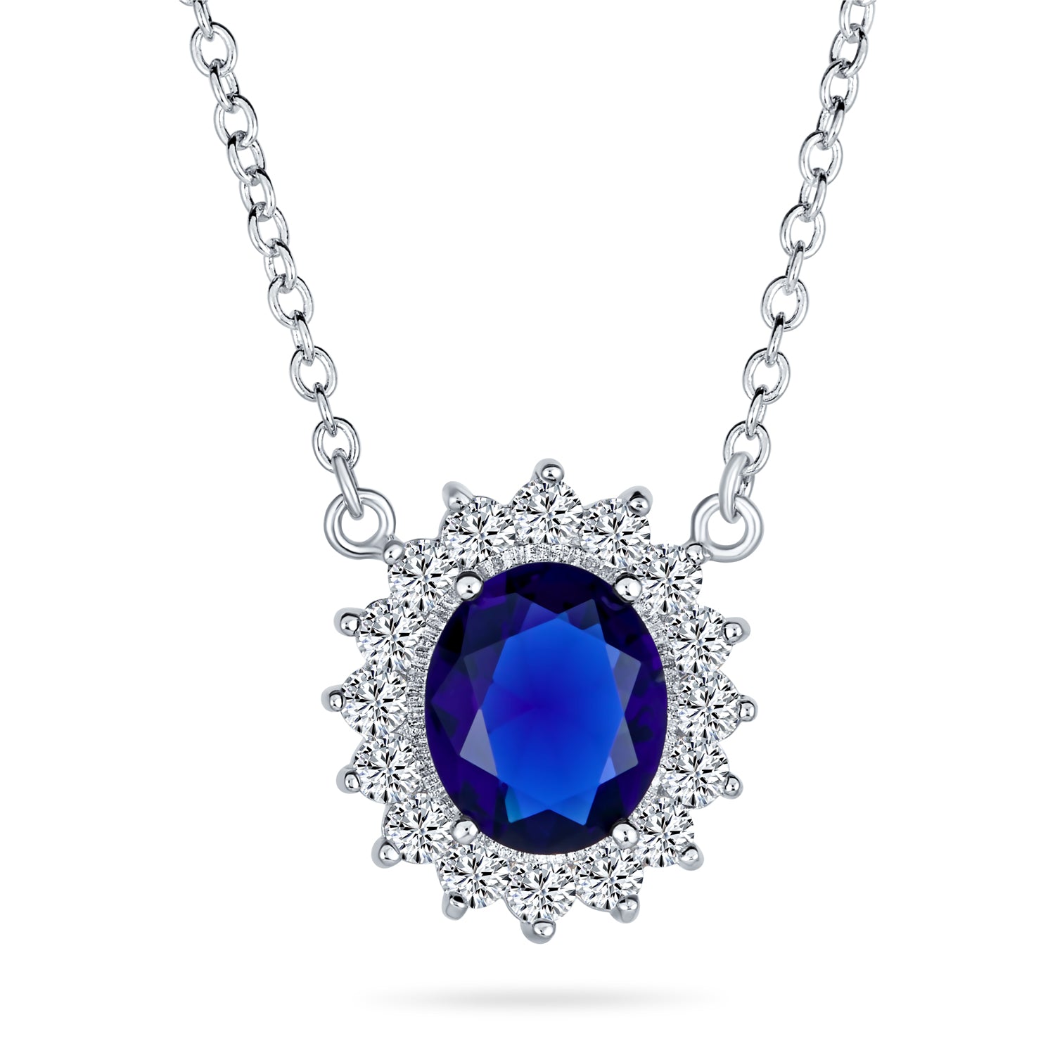 sapphire-silver-cz-pendant-necklace-ja-ne3020 Classic Vintage Style Pendant Necklace with Navy Blue CZ and Silver Plated Brass - Image 1