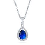 5CT Solitaire Teardrop Halo Sapphire Blue CZ Pendant Necklace Silver Plated