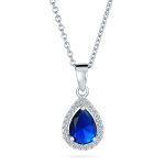 5CT Solitaire Teardrop Halo Sapphire Blue CZ Pendant Necklace Silver Plated