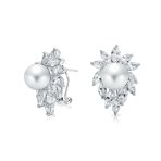 Cocktail Leaf Halo CZ Marquise 10MM White Pearl Stud Earrings Omega Back Clip For Pierced Ears