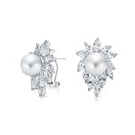 Cocktail Leaf Halo CZ Marquise 10MM White Pearl Stud Earrings Omega Back Clip For Pierced Ears