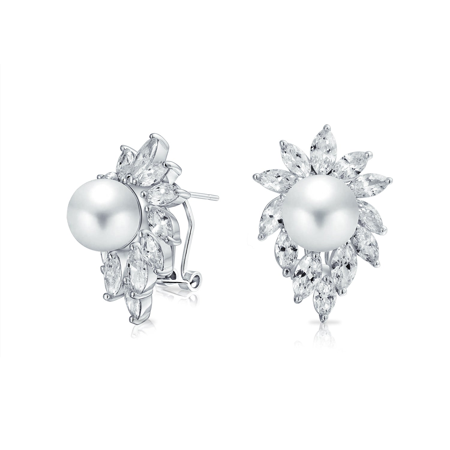 sea-shell-pearl-marquise-earrings_my-bme-80630-az_1 Cocktail Leaf Halo CZ Marquise 10MM White Pearl Stud Earrings Omega Back Clip For Pierced Ears - Image 1