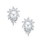 Cocktail Leaf Halo CZ Marquise 10MM White Pearl Stud Earrings Omega Back Clip For Pierced Ears - Image 2