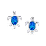 Nautical Blue Opal Sea Turtle Stud Earrings in Sterling Silver, 13MM - Image 2