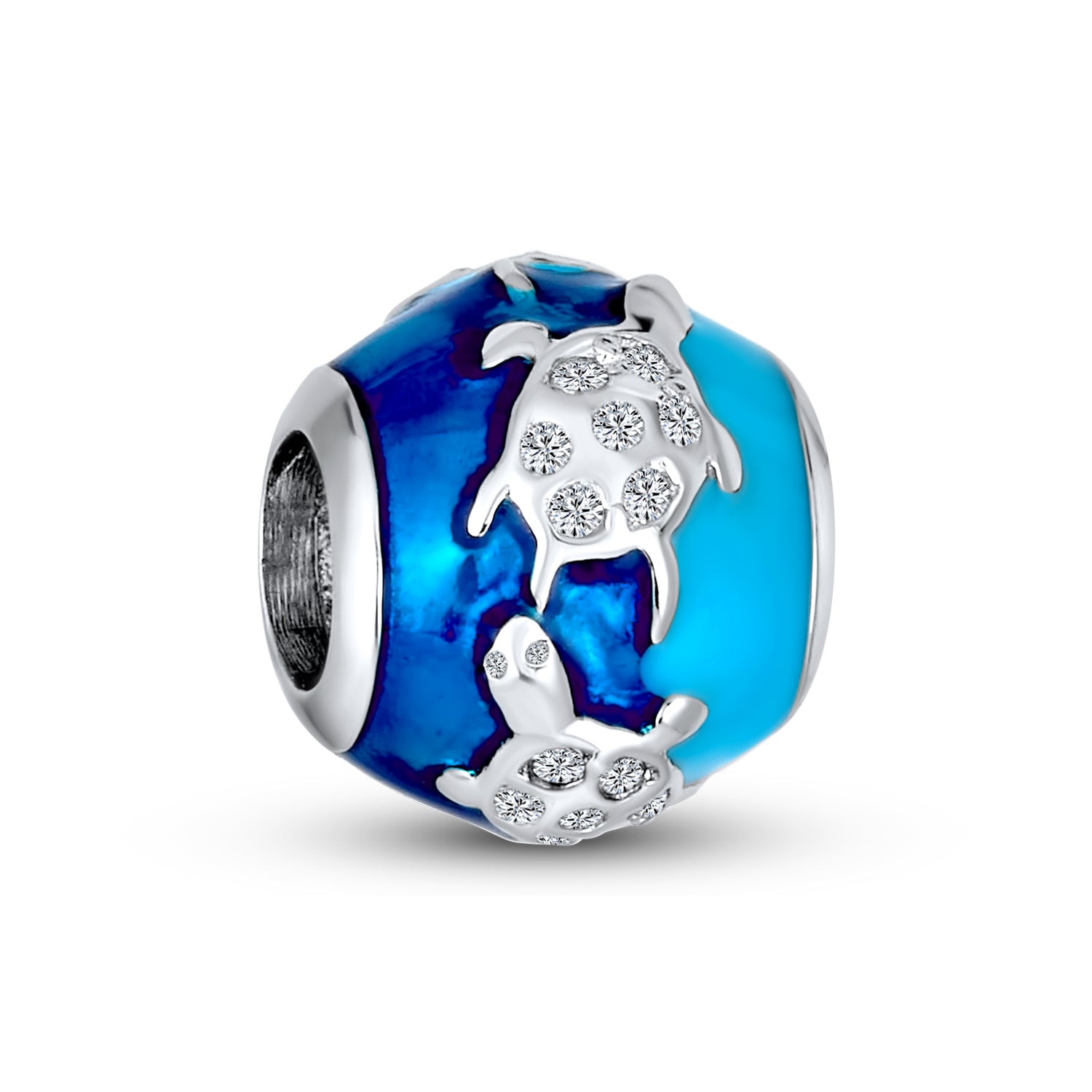 sea-turtle-blue-silver-bead-charm_pbx-he-221_1 Tropical Ocean Blue Sea Turtle Charm Bead Sterling Silver for European Bracelet - Image 1