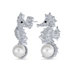 Nautical Wedding CZ Stud Earrings with Simulated Pearl Seahorse Design