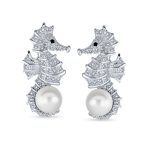 Nautical Wedding CZ Stud Earrings with Simulated Pearl Seahorse Design - Image 2