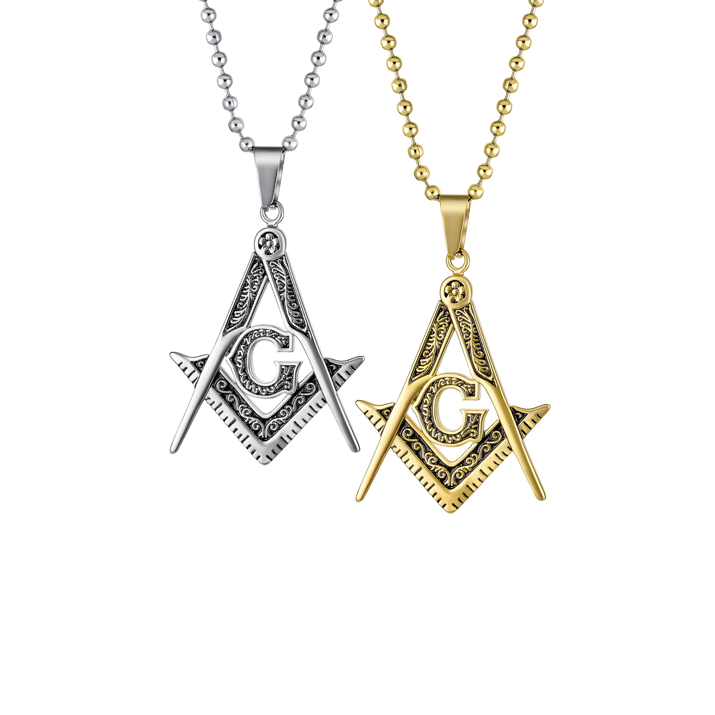 set-freemason-masonic-pendant-black-sgd-ald205-set-az Set of 2 Freemason Masonic Symbol Pendant Necklace Silver Gold Plated Oxidized - Image 1