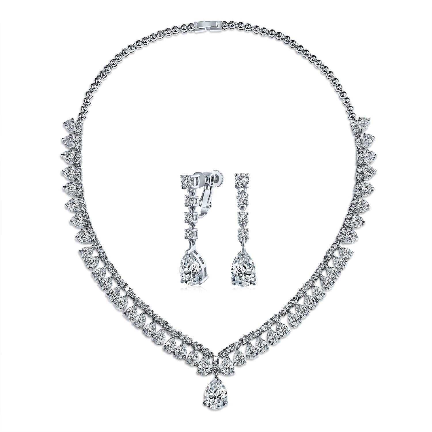 set-necklace-earrings-silver-teardrop_oa-71ola1327-set-az_1_798ae6a1-e398-4f85-9ac7-bea103dfd40d Vintage Style CZ Cubic Zirconia Solitaire Teardrop Statement Necklace & Clip-On Earrings Jewelry Set - Image 1