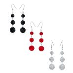 Set of 3 Black Red White Crystal Pave Disco Ball Dangle Earrings Sterling Silver