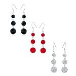 Set of 3 Black Red White Crystal Pave Disco Ball Dangle Earrings Sterling Silver