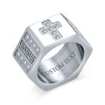 Religious Mens Stainless Steel Greek Key CZ Cross Ring Band Silver Tone - Image 3
