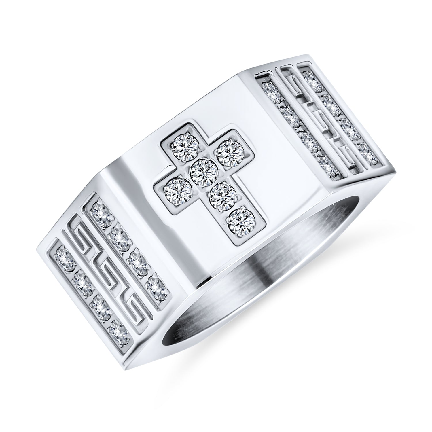 sgd-4621-9-az_20_1 Religious Mens Stainless Steel Greek Key CZ Cross Ring Band Silver Tone - Image 1