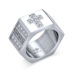 Religious Mens Stainless Steel Greek Key CZ Cross Ring Band Silver Tone - Image 2
